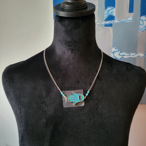 Evil Eye Hand Jewelry Set – Necklace & Bracelet with Blue Beads – New in Pouch - Picture 4 of 10